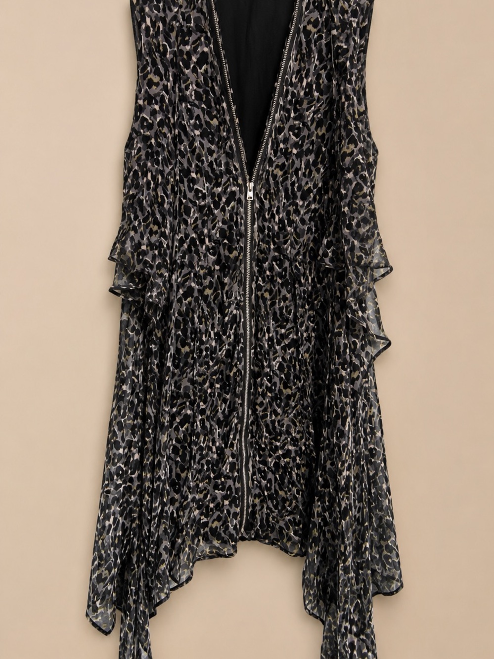 All Saints Black and Gray Leopard Print Sleeveless Zip Dress